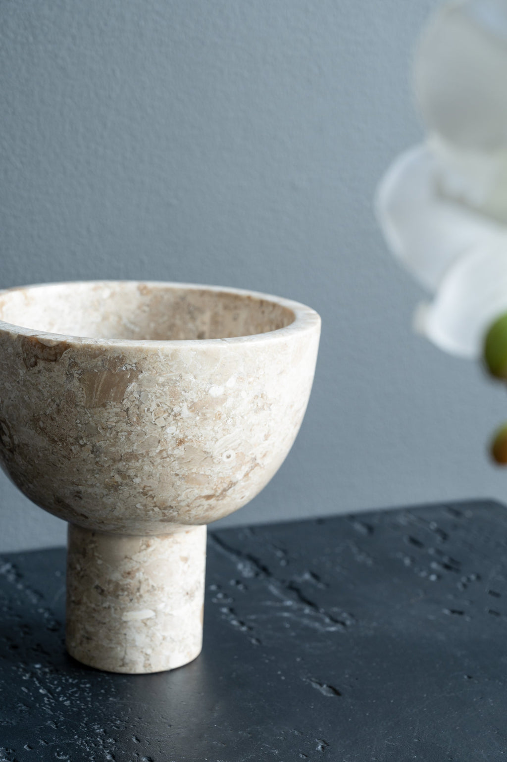 Round Marble Pedestal Bowl with Cylindrical Base - Cream