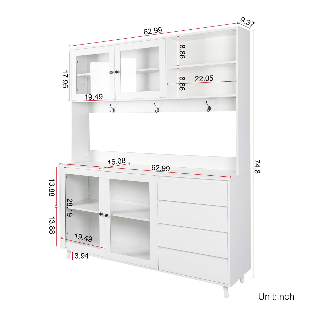 63" W Large Kitchen Hutch Cabinet with Storage Shelves and Drawers - White