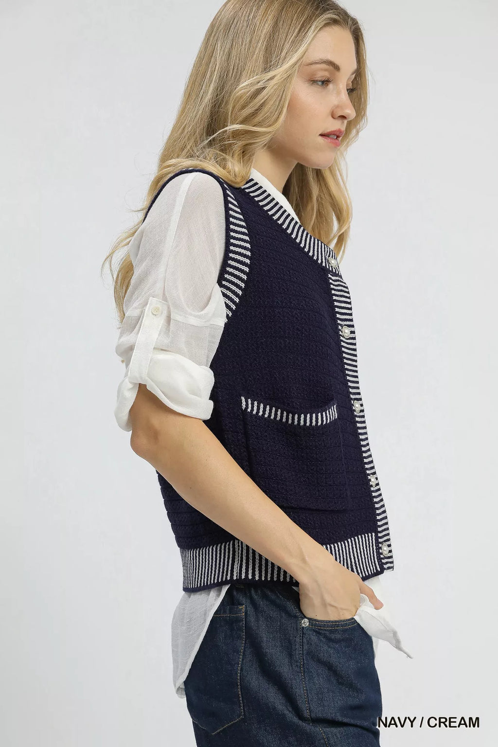 Umgee Contrast Striped Trim Button-Down Sweater Vest