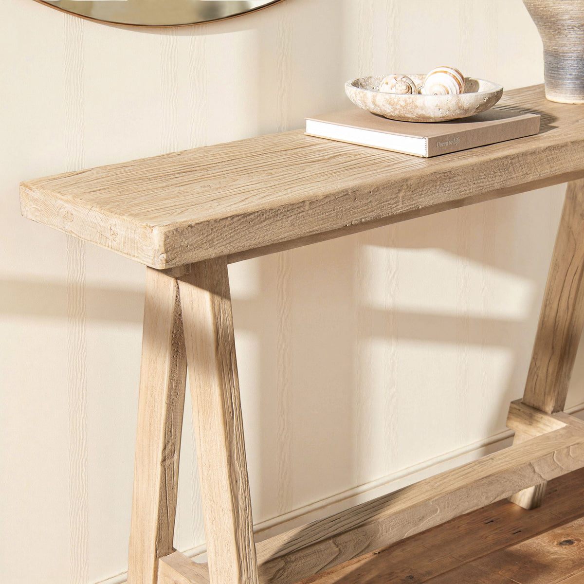 Trestle Coffee Table with Solid Reclaimed Elm Construction - Dark or Light Brown