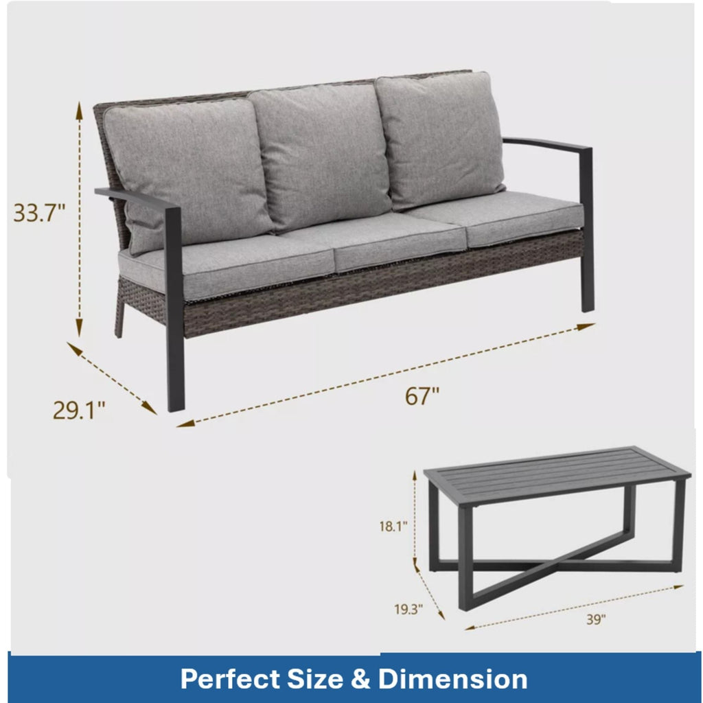 2 Piece Outdoor Patio Set with Cushions & Coffee Table - Gray or Beige