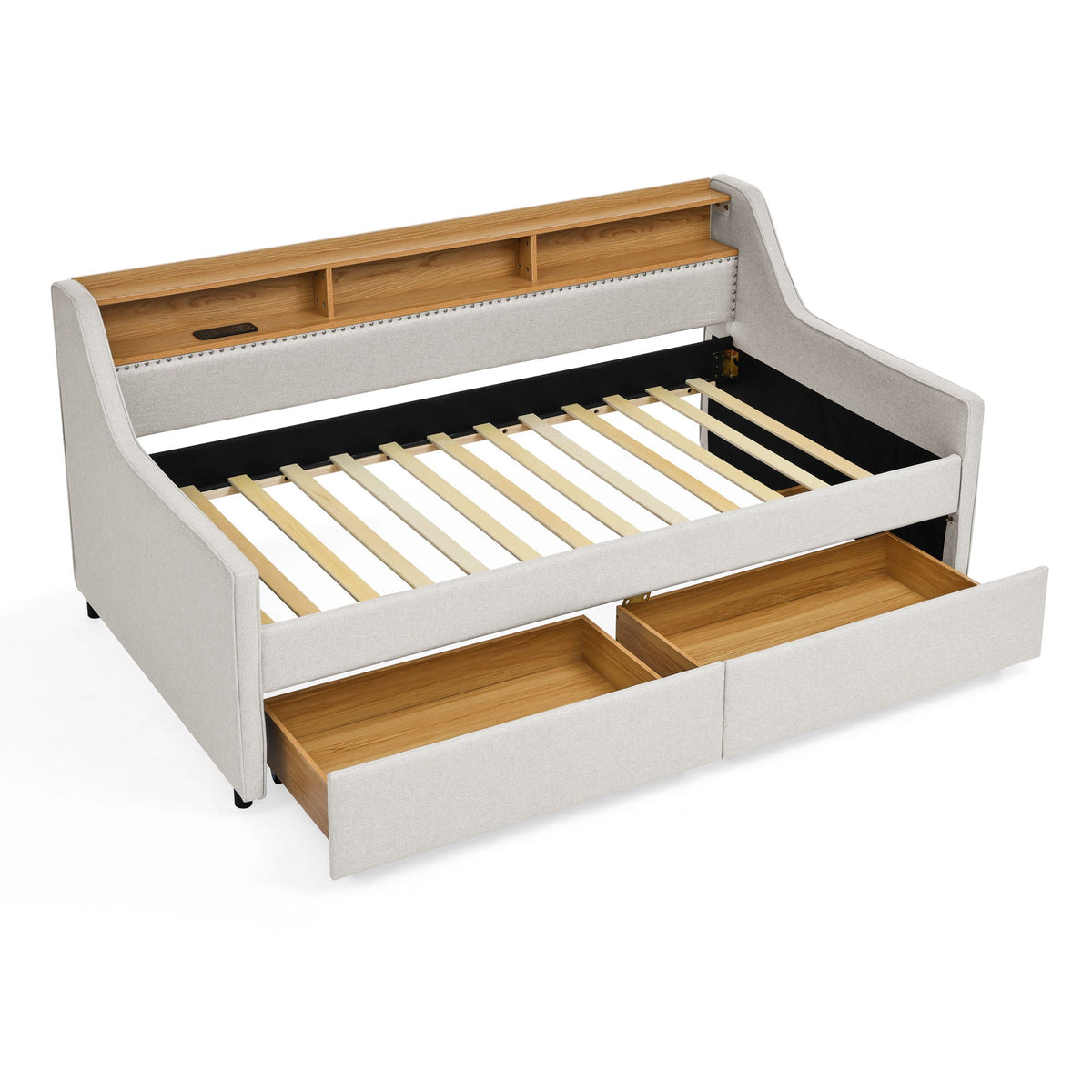 Twin Upholstered Sofa Bed with LED Lights and Storage Drawers - Beige