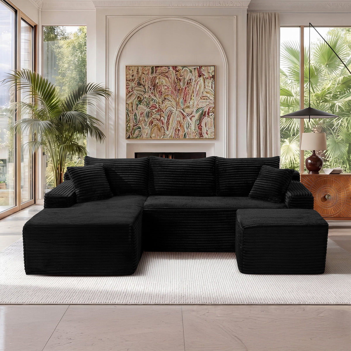 Corduroy U-Shaped Sectional Sofa with Deep Seat - Black