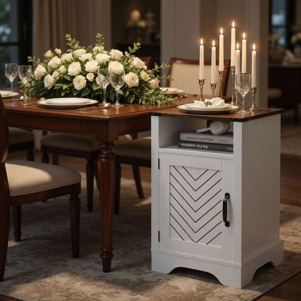Farmhouse Nightstand with Charging Station & Storage - White