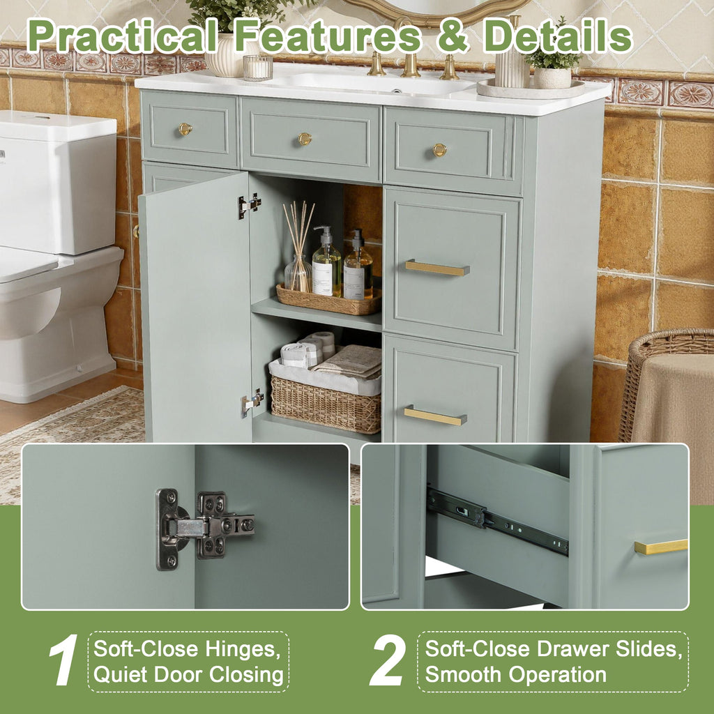 36" Green Bathroom Vanity with Ceramic Sink - Solid Wood Frame