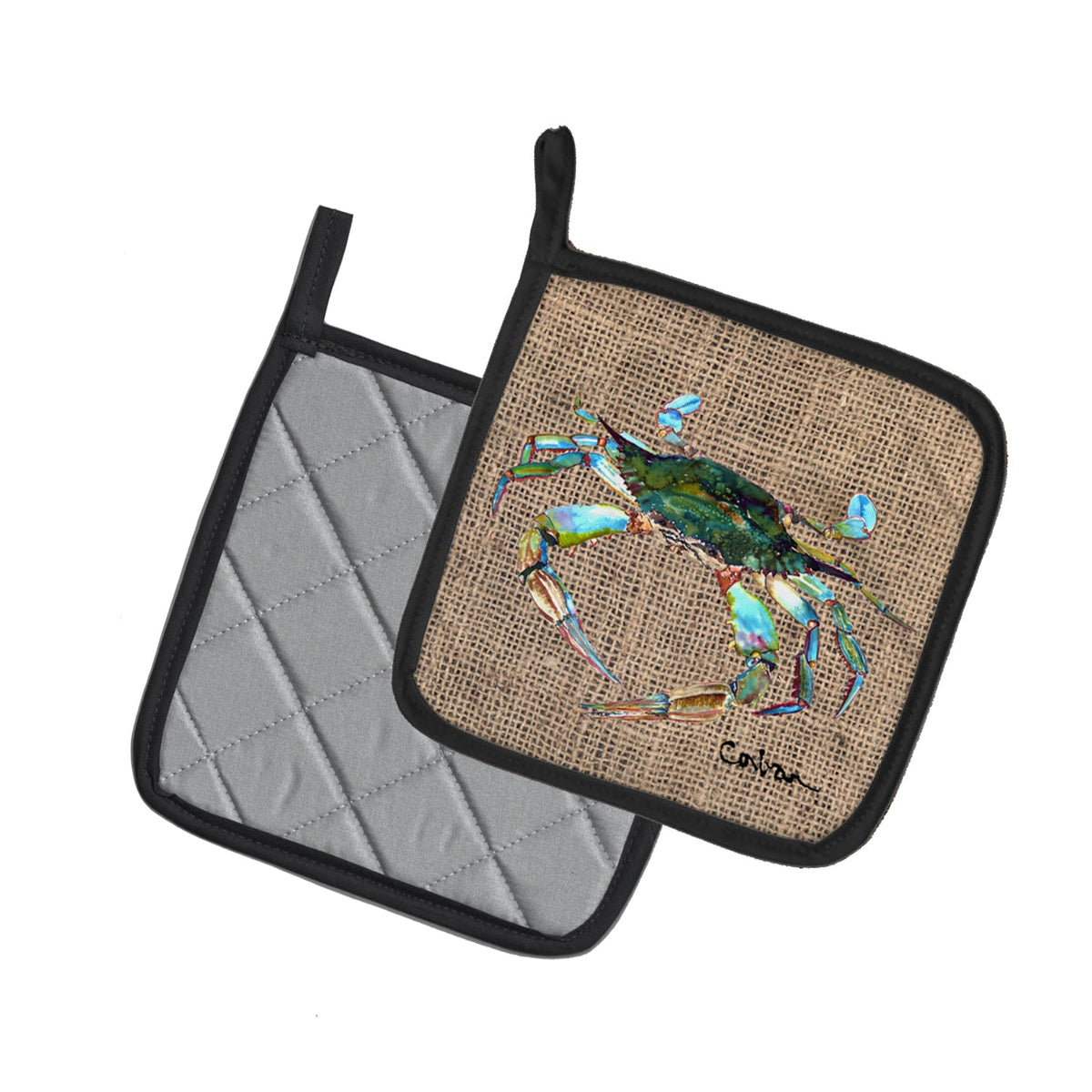 Blue Crab on Faux Burlap Pot Holder Set of 2 Heat Resistant Quilted Hot Pads 7.5 x 7.5 Inch, Insulated Kitchen Trivets for Cooking & Baking