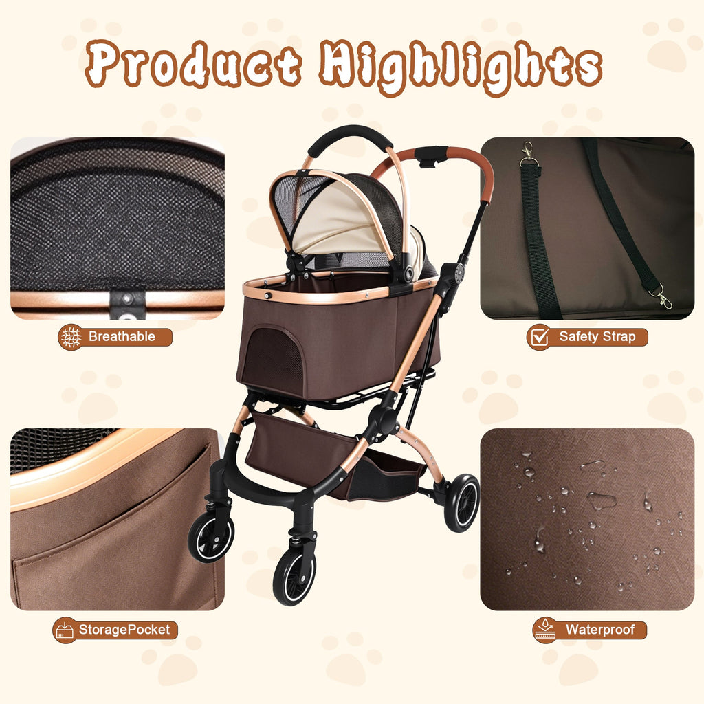 2-in-1 Foldable Pet Stroller with Sun Canopy - Khaki & Gold
