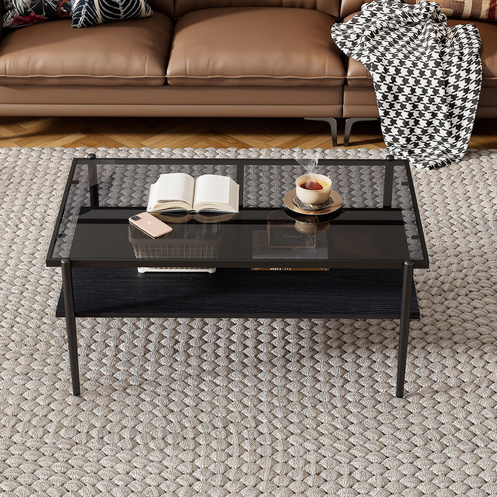 Rectangular Coffee Table with Tempered Glass Top and Metal Legs - Black, Dark Brown, or White