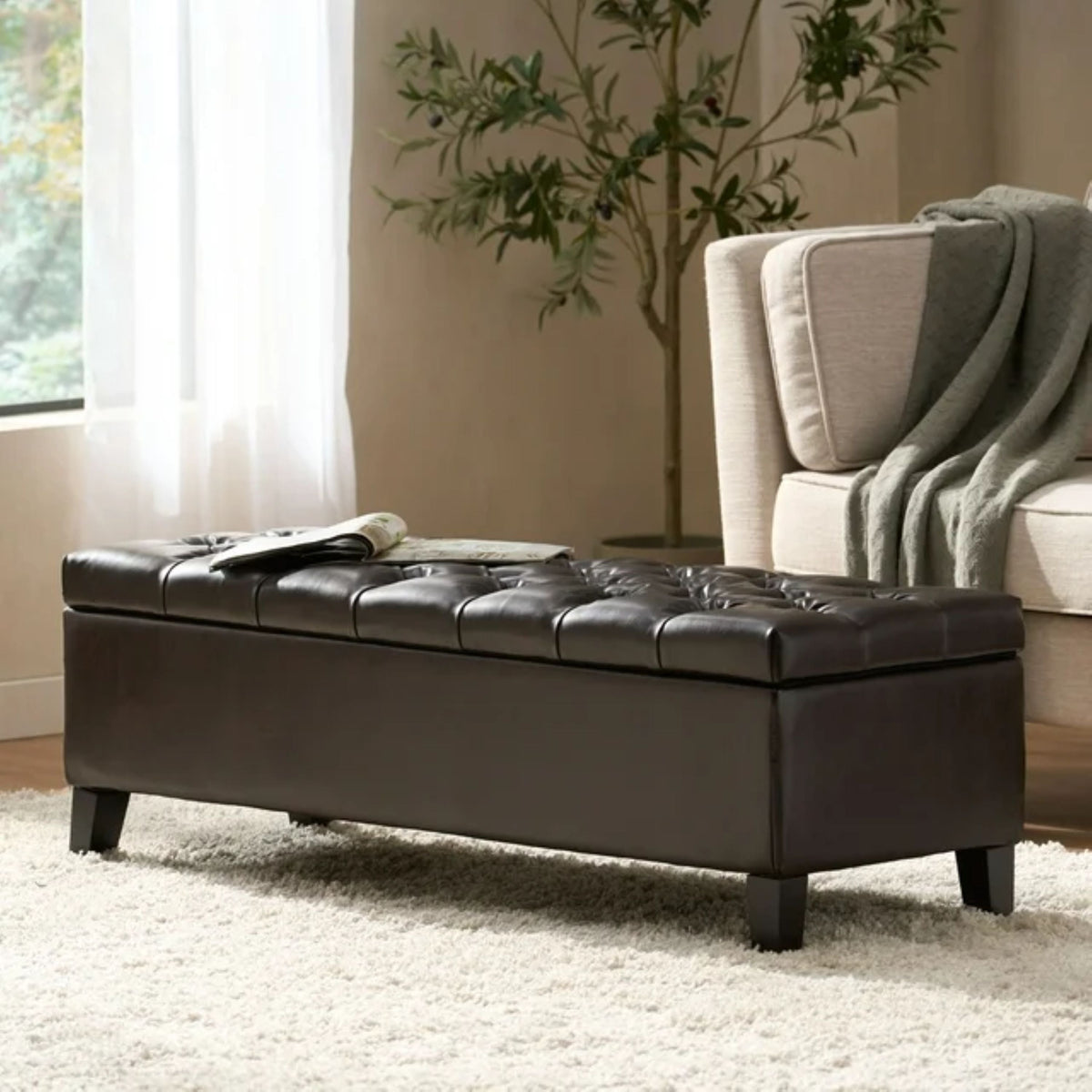 Ottoman Bench with Storage with Button-Tufting - Dark Brown