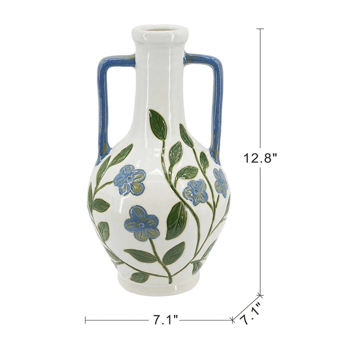 Floral Amphora Ceramic Vase with Elegant Floral Design - Blue, Green & White