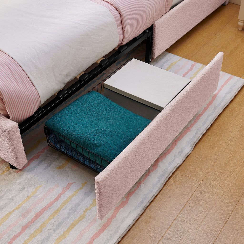 Queen Size Kids Upholstered Bed with Rabbit Ear Headboard & Storage - Boucle