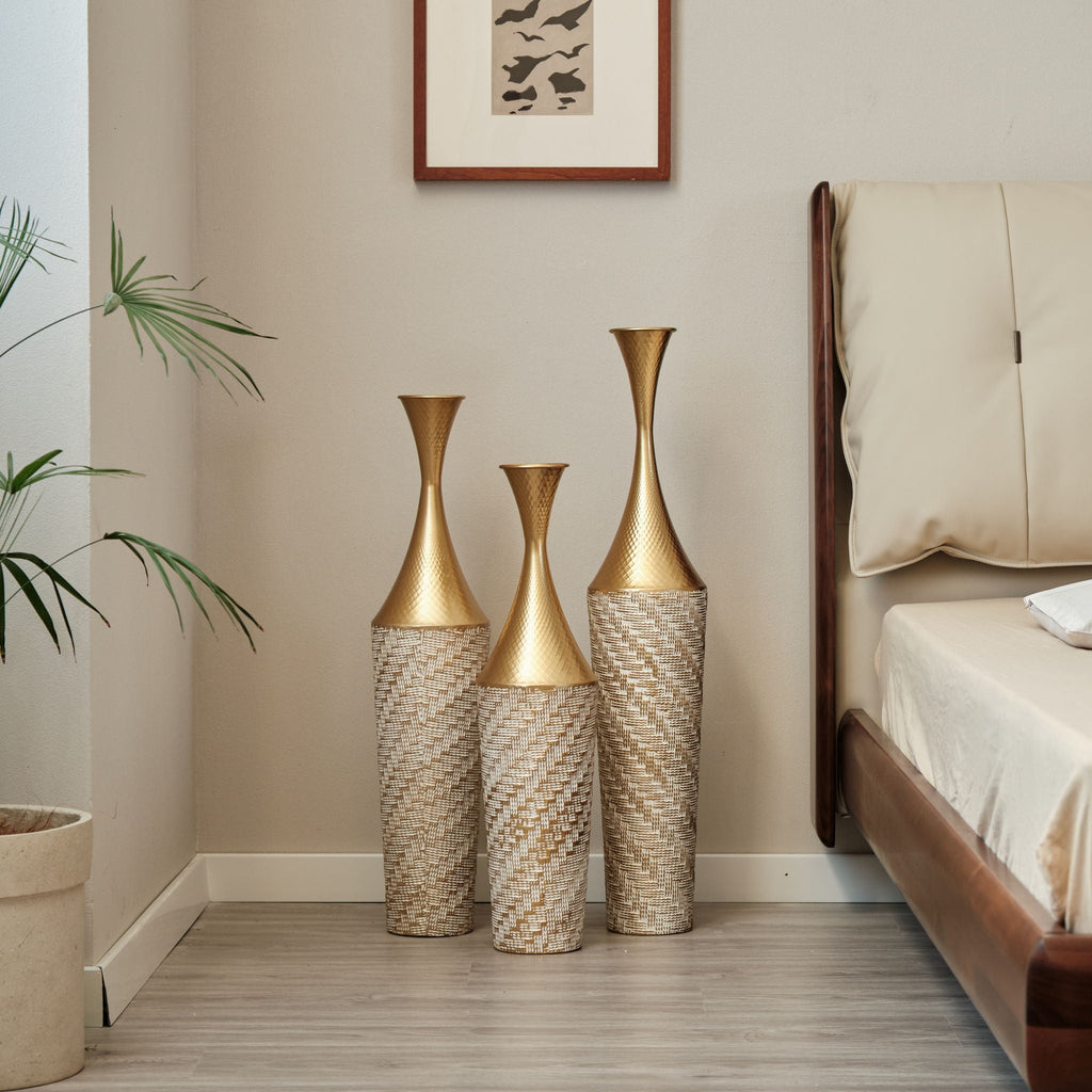 Champagne Floor Metal Vase 3-Piece Set with Woven Pattern - Modern Style