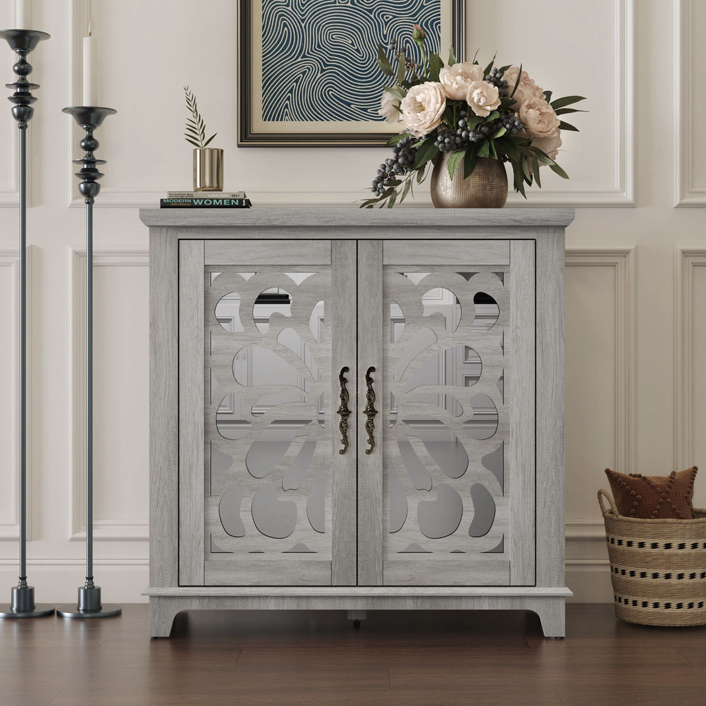 Elegant Sideboard With 2 Acrylic Mirrored Doors, Adjustable Shelf Storage