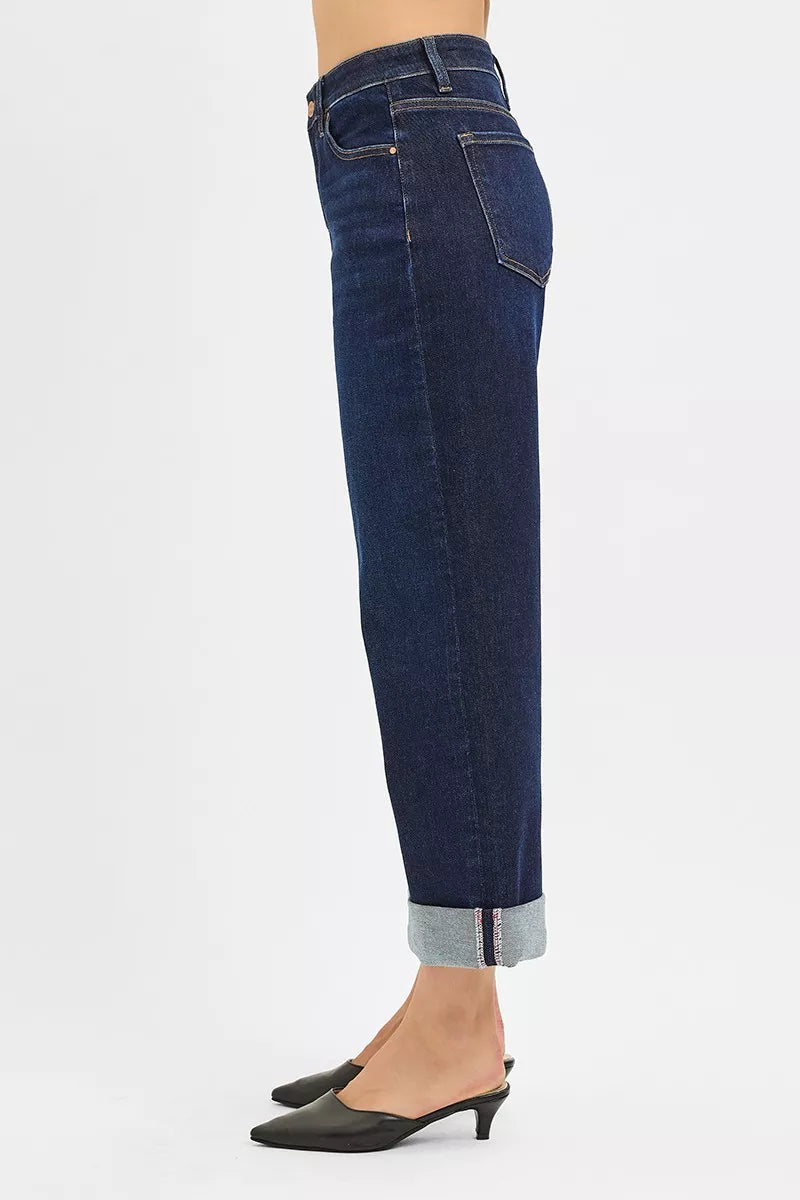 RISEN Mid Rise Fit Ankle Wide Roll Up Jeans