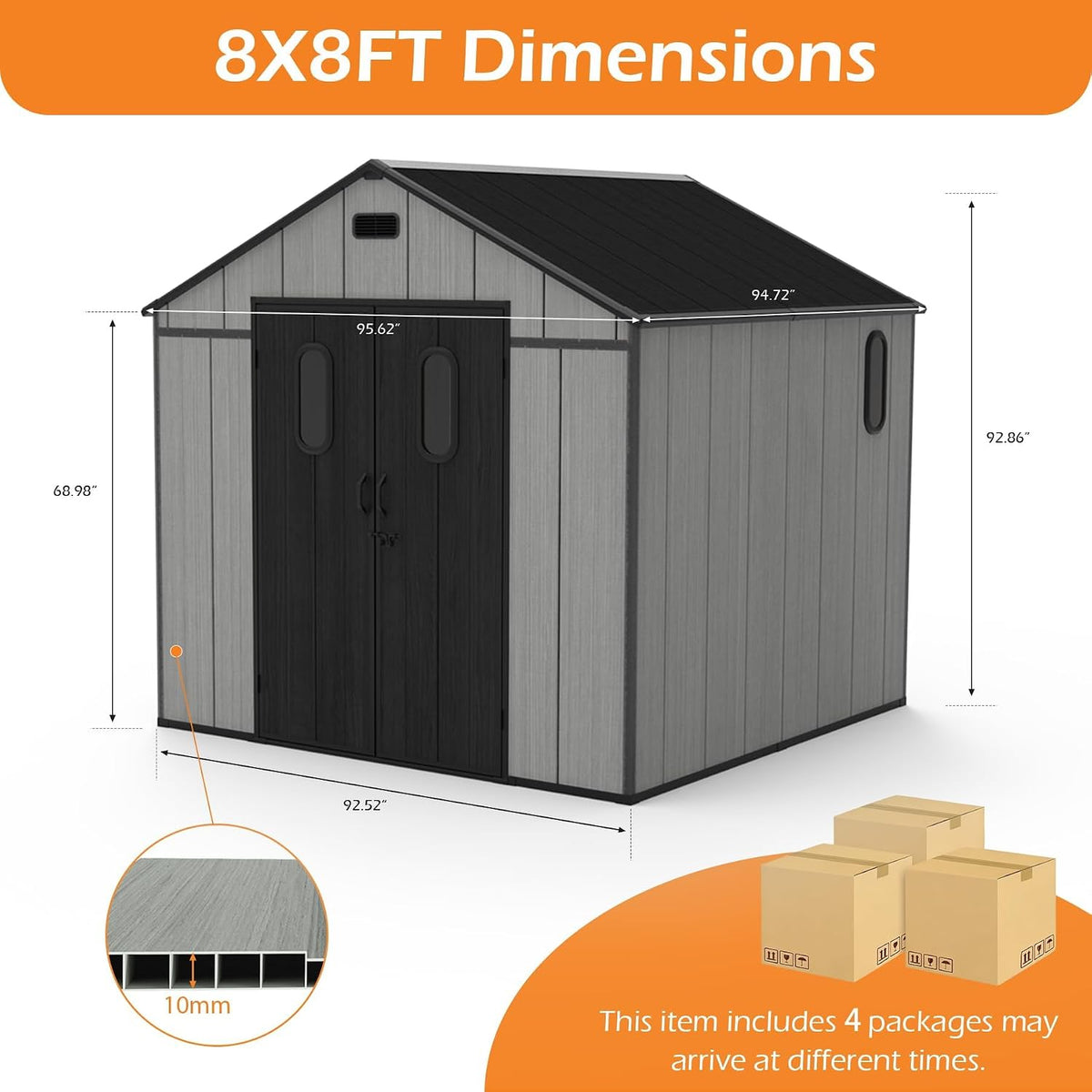 8x8 Ft Resin Outdoor Storage Shed with Floor - Weatherproof Resin