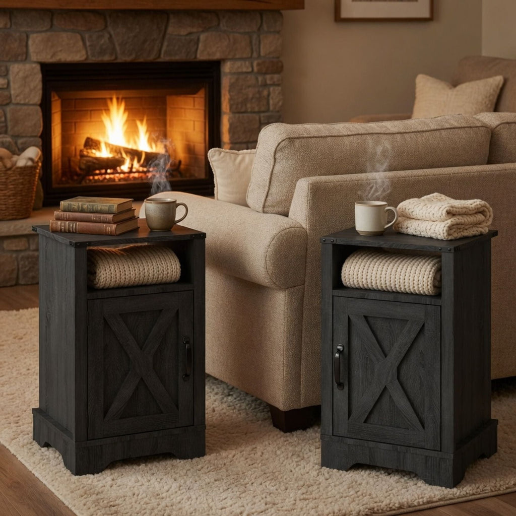 Farmhouse Nightstand with Charging Station & Storage - Multiple Colors