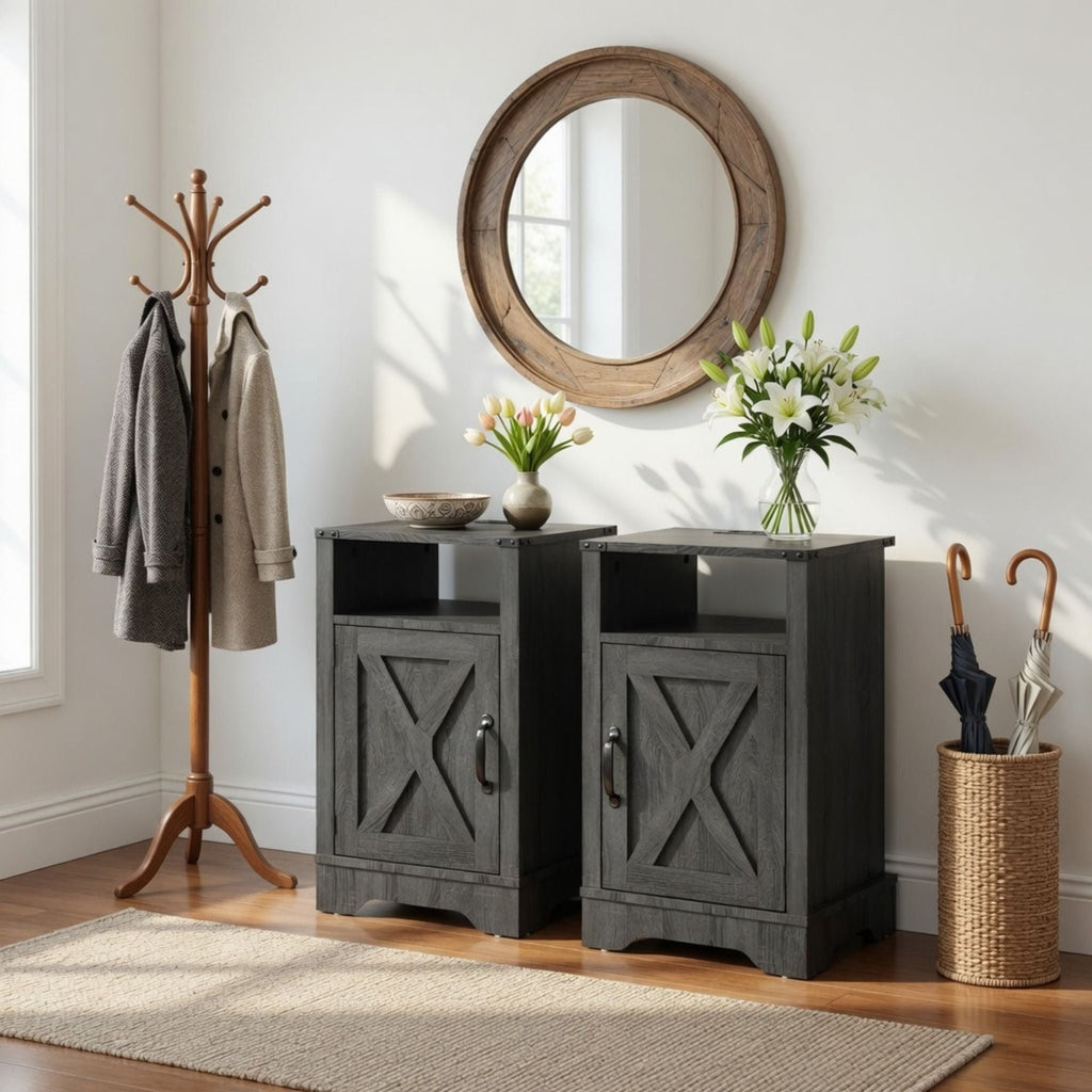 Farmhouse Nightstand with Charging Station & Storage - Multiple Colors