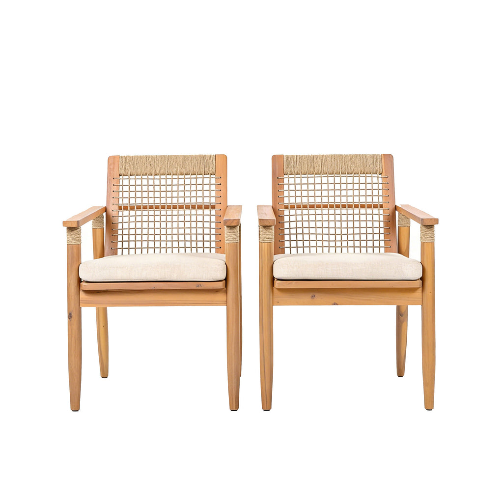 Acacia Wood Outdoor Dining Chairs with Rope Back - Set of 2