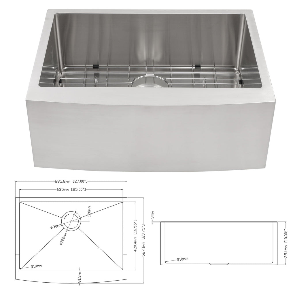 Farmhouse Kitchen Sink Stainless Steel Apron Front with Deep Single Bowl - Gray
