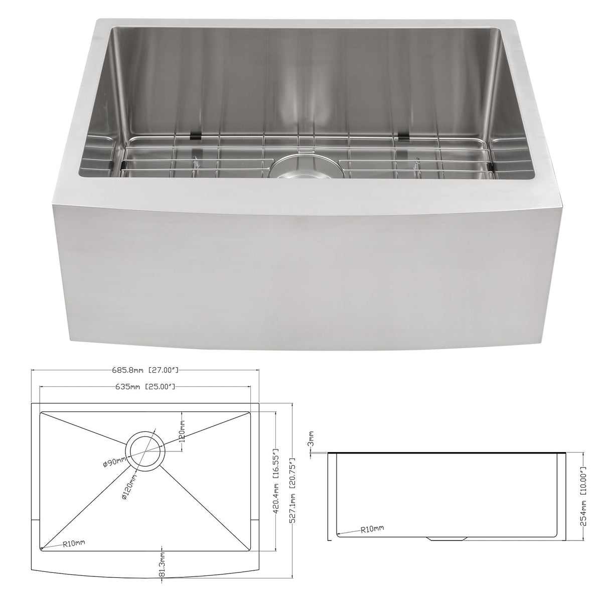 Farmhouse Kitchen Sink Stainless Steel Apron Front with Deep Single Bowl - Gray