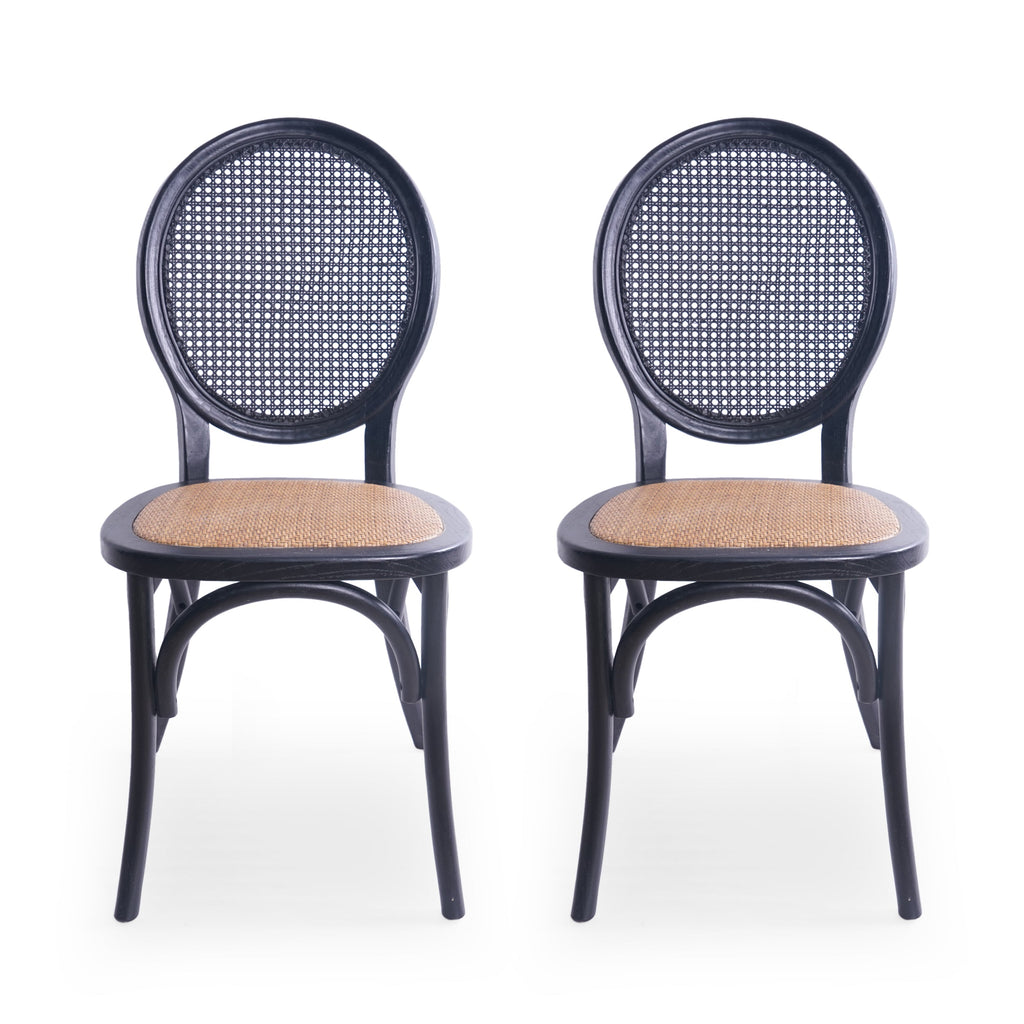 Vintage Rattan-Style Dining Chair MP2 Set of 2 with Elm Wood Frame - Matte Black