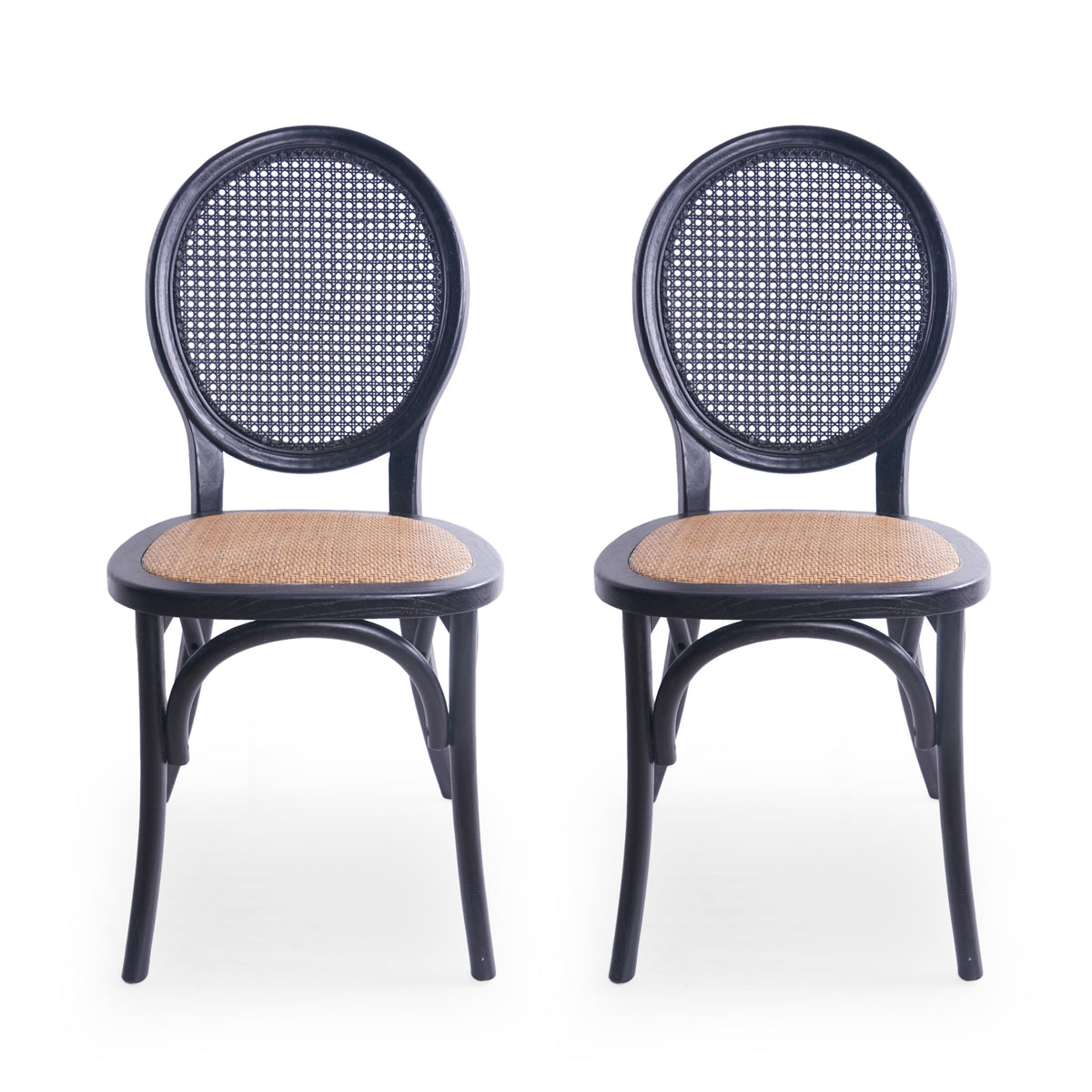 Vintage Rattan-Style Dining Chair MP2 Set of 2 with Elm Wood Frame - Matte Black