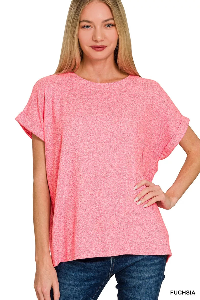 Zenana Soft Melange Hacci Short Sleeve Round Neck Top