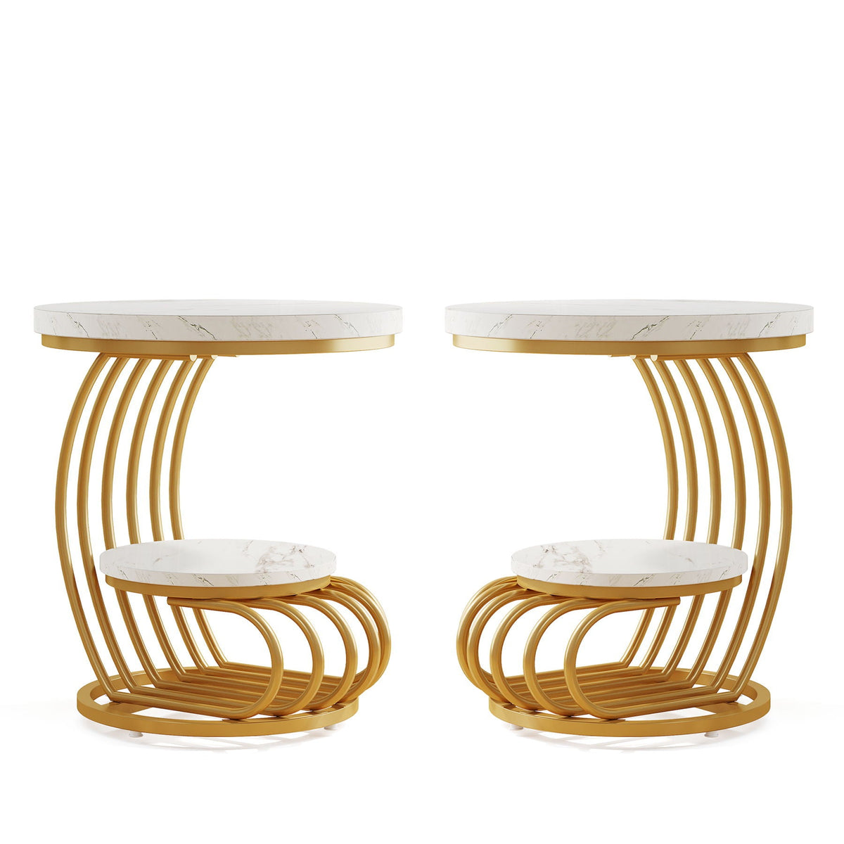 Round Vintage End Table with 2 Tier Storage - Dark Brown, Light Brown, White