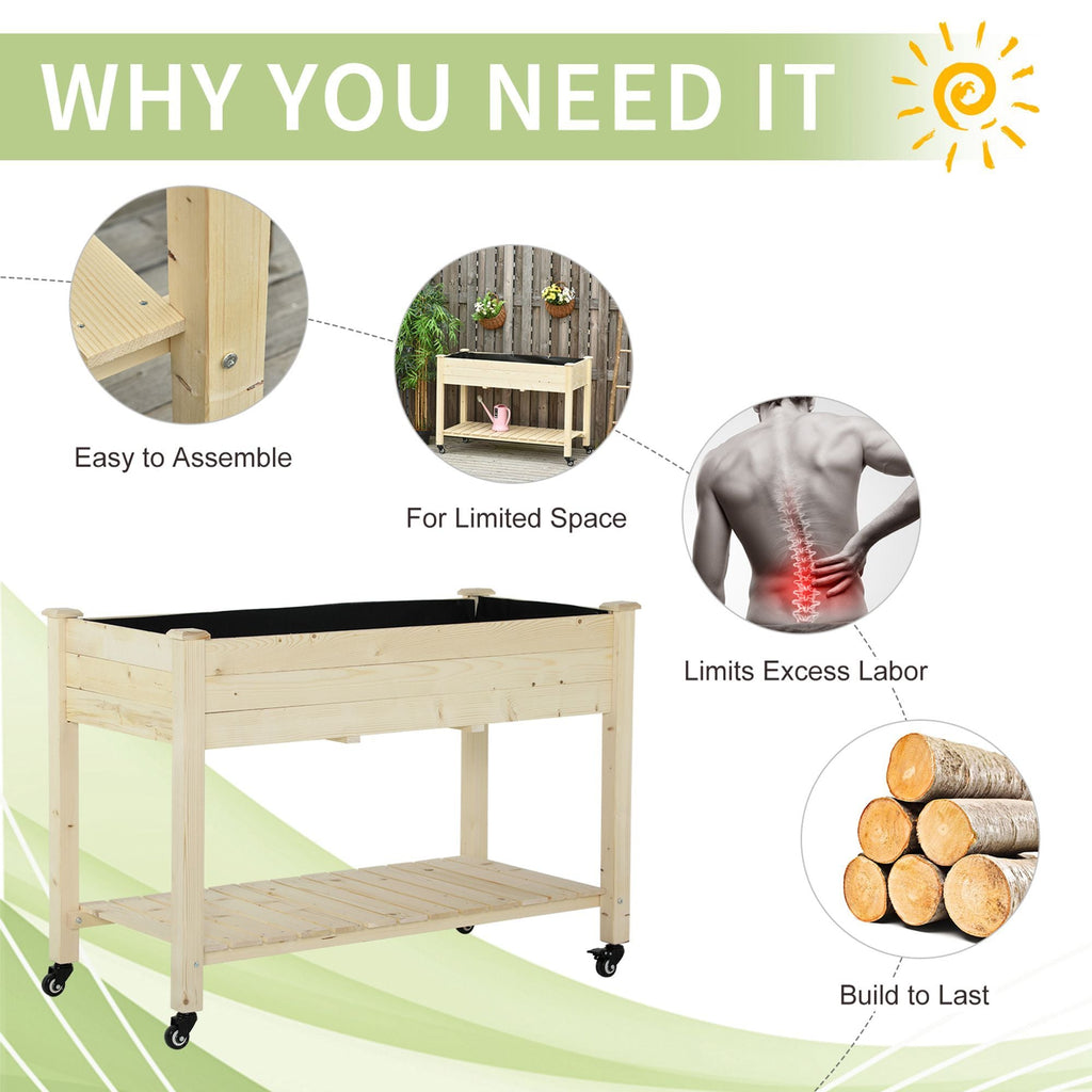 Raised Wooden Planter Box with Lockable Wheels - Natural