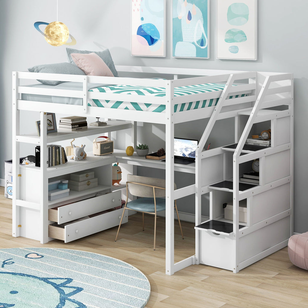 Loft Bed with Desk and Storage Staircase - Full or Twin, White or Gray