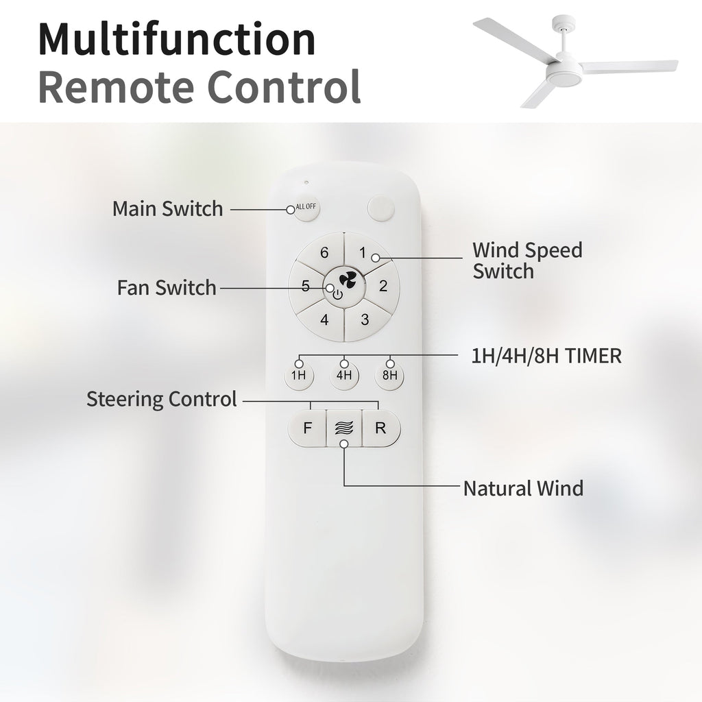 52" Ceiling Fan Without Light with Remote Control and Reversible DC Motor - White