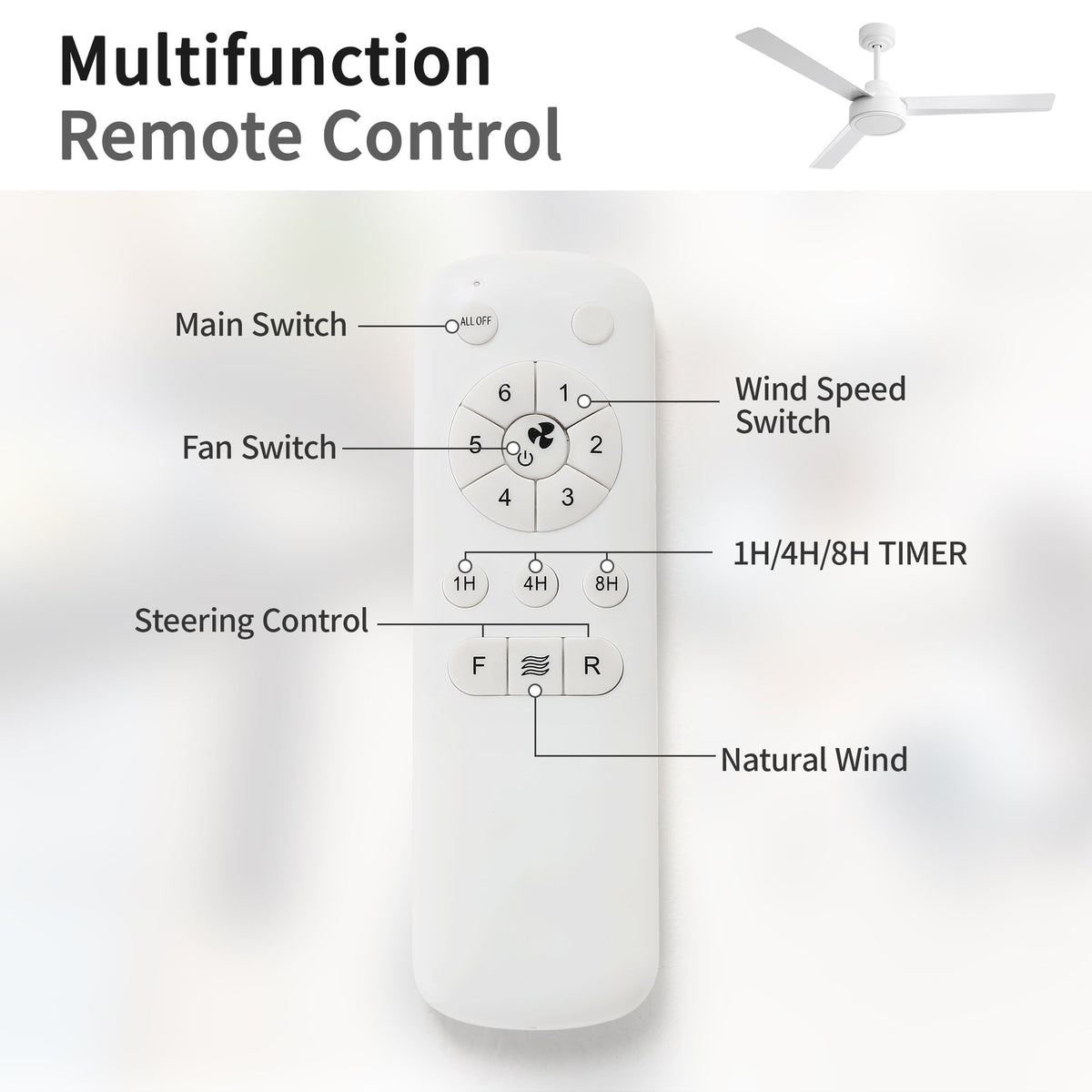 52" Ceiling Fan Without Light with Remote Control and Reversible DC Motor - White