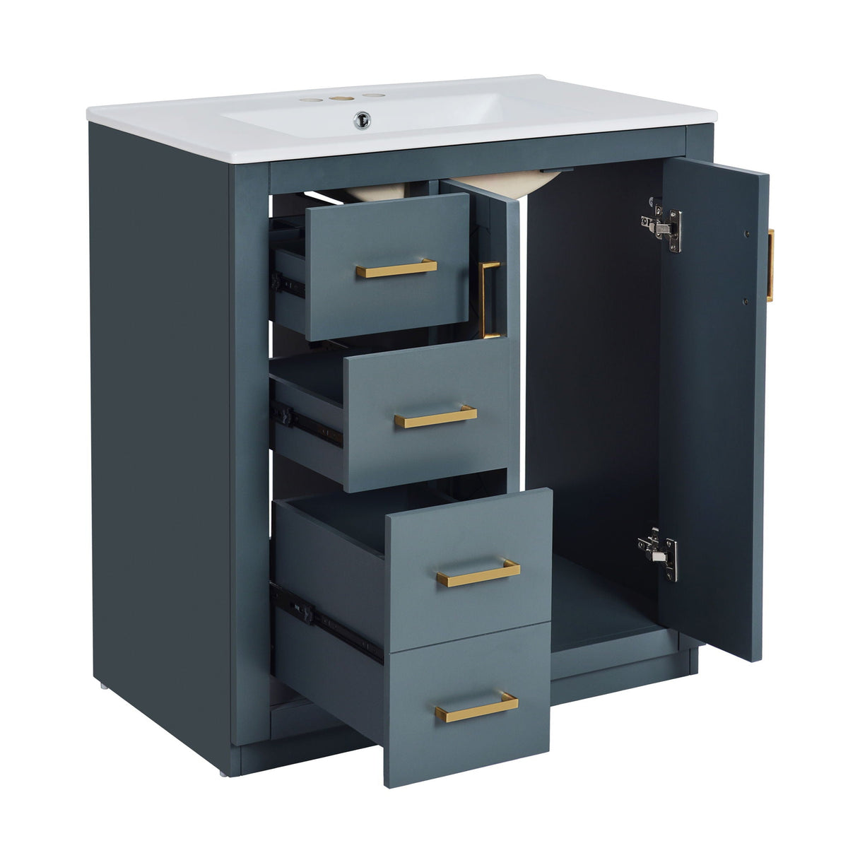 Ceramic Sink Vanity Combo with 3 Drawers and Soft Closing Doors - 30"