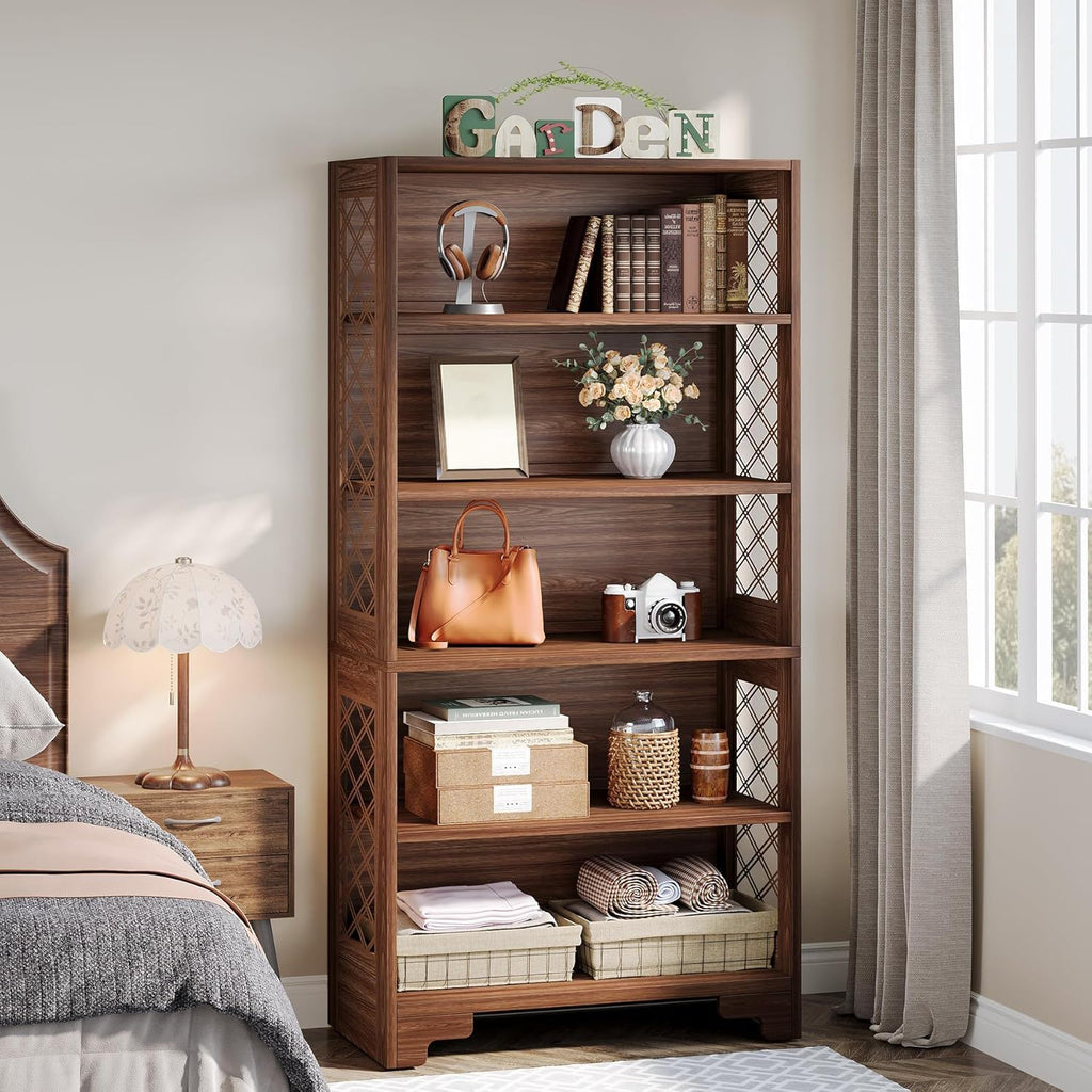6 Tier Brown Mid Century Bookcase with X Design - Brown