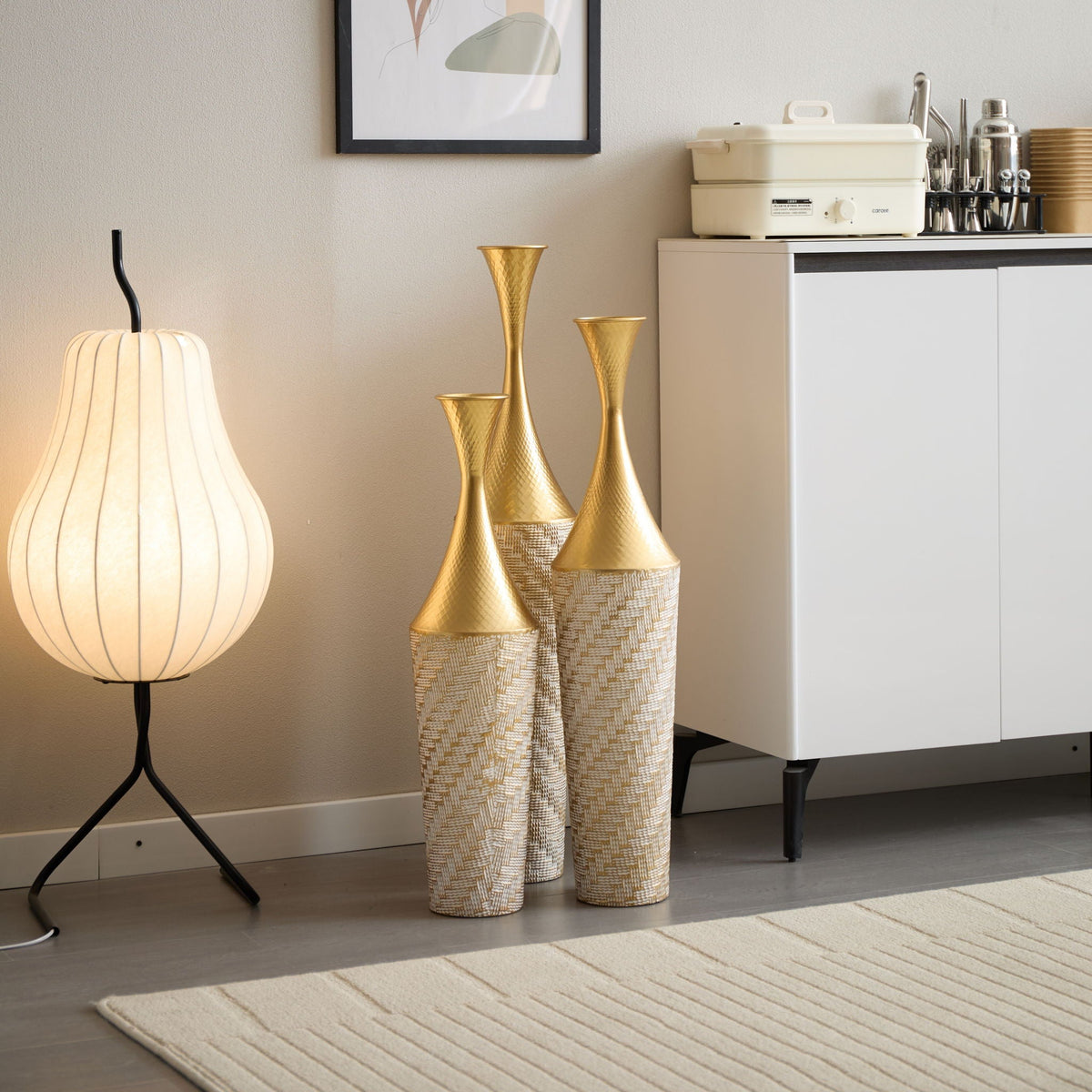Champagne Floor Metal Vase 3-Piece Set with Woven Pattern - Modern Style