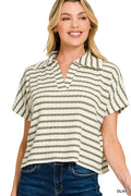 Zenana Striped Split Neck Collared Top