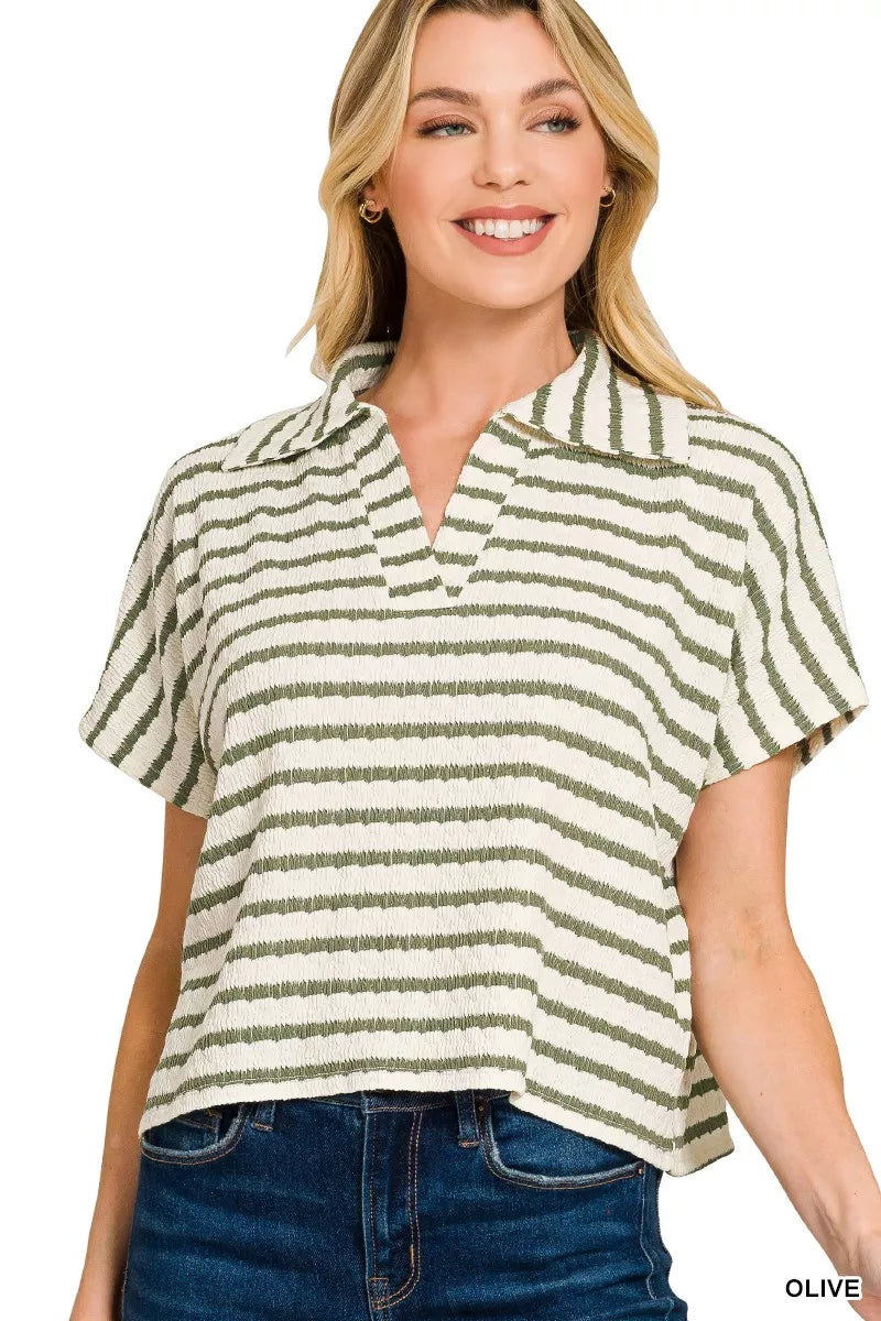 Zenana Striped Split Neck Collared Top
