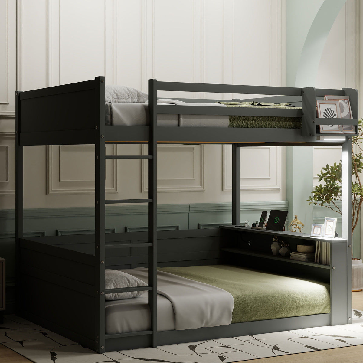 Bunk Bed With Built-In Shelves, Storage Box, LED Light And USB Charging Station