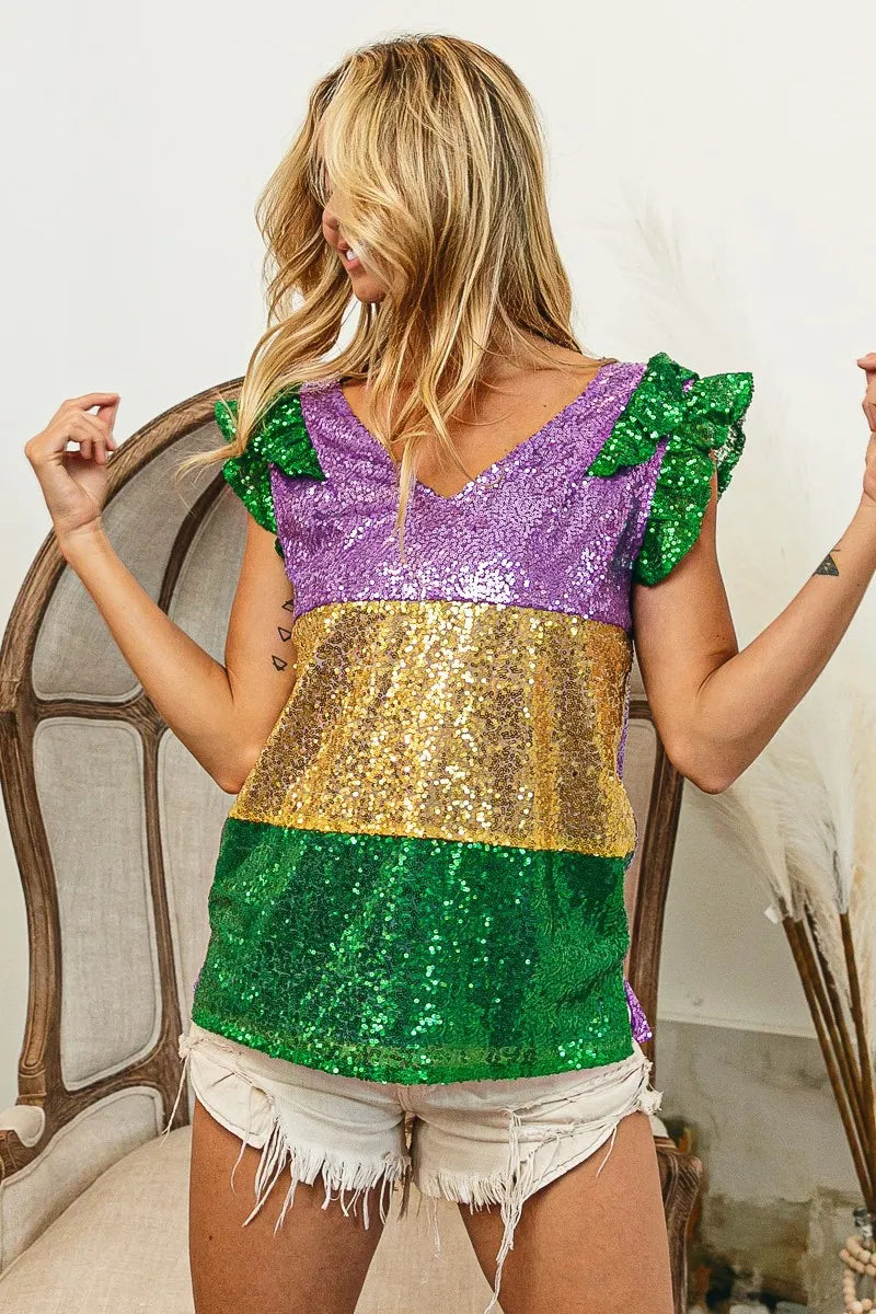 BiBi Mardi Gras Sequin Color Block Ruffled  Top