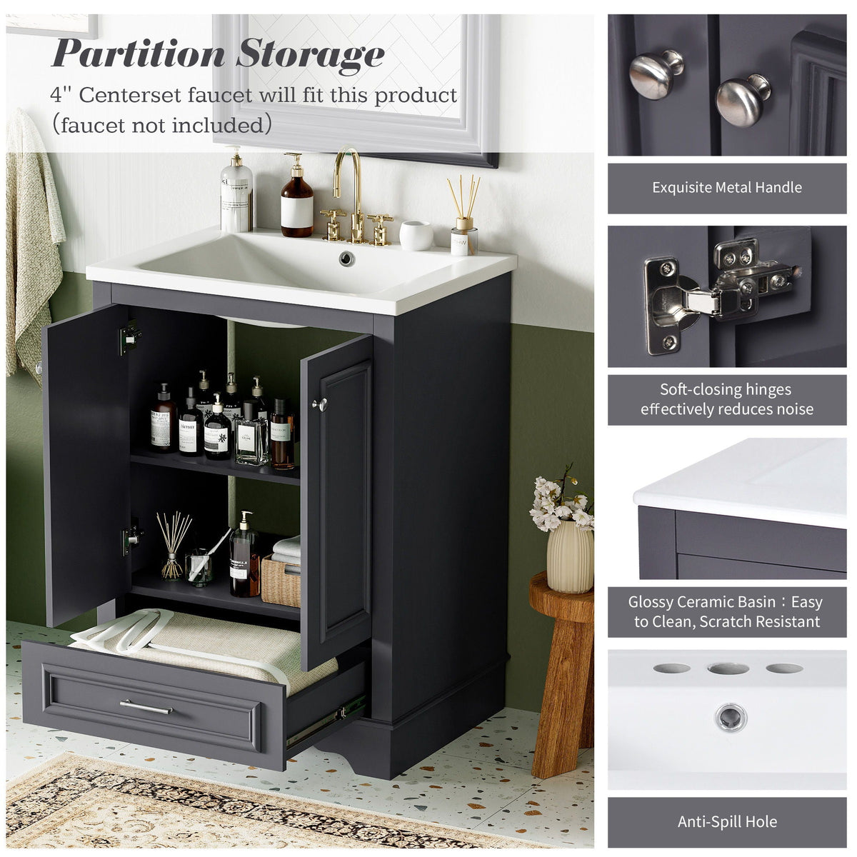 Modern Bathroom Vanity with Ceramic Sink Combo and Storage Cabinet - Multiple Colors