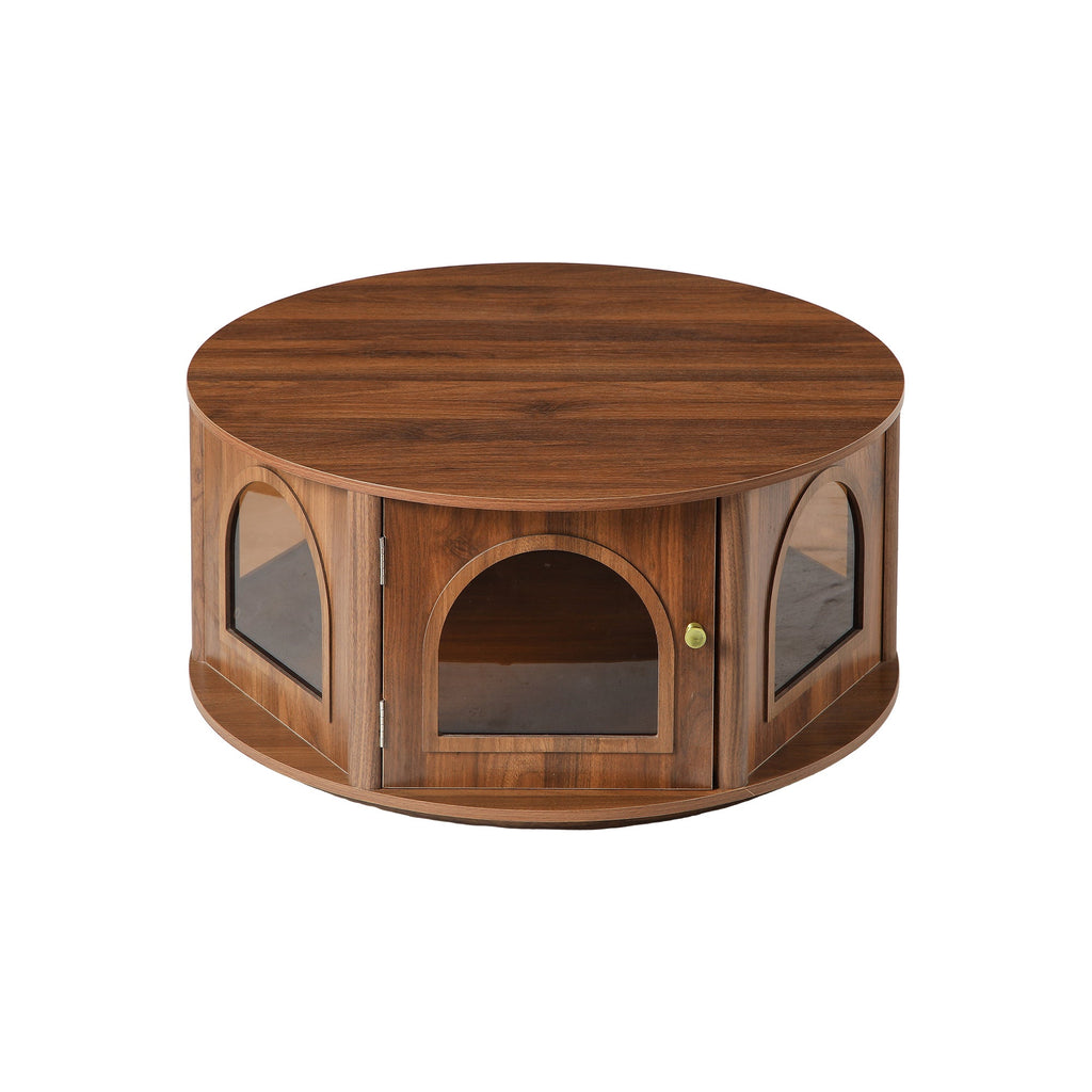31.5" Round Coffee Table with Storage and Pet House - Dark Walnut