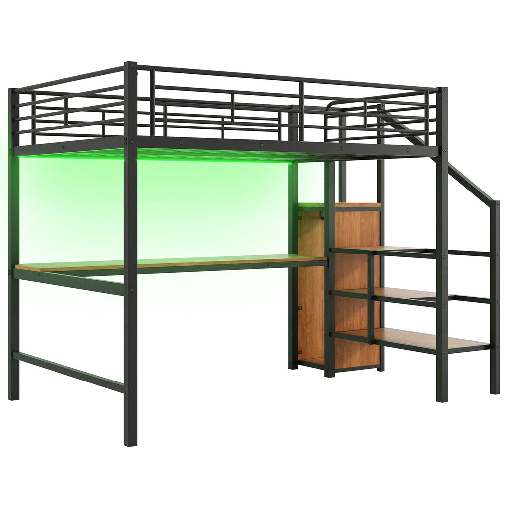 Full Size Loft Bed with Desk, Storage Staircase & Wardrobe - Black or White
