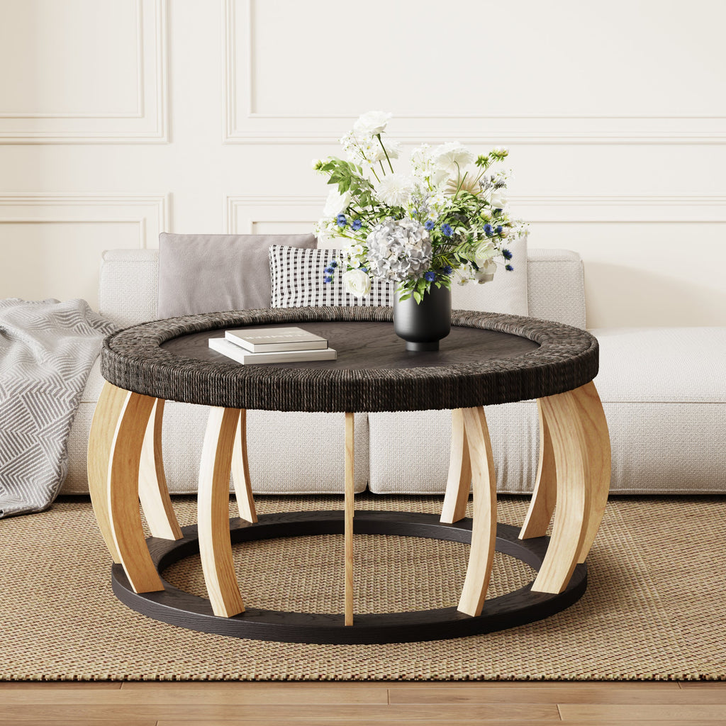 Vintage Rattan Solid Wood Round Coffee Table with Curved Legs - Natural
