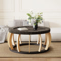 Vintage Rattan Solid Wood Round Coffee Table with Curved Legs - Natural