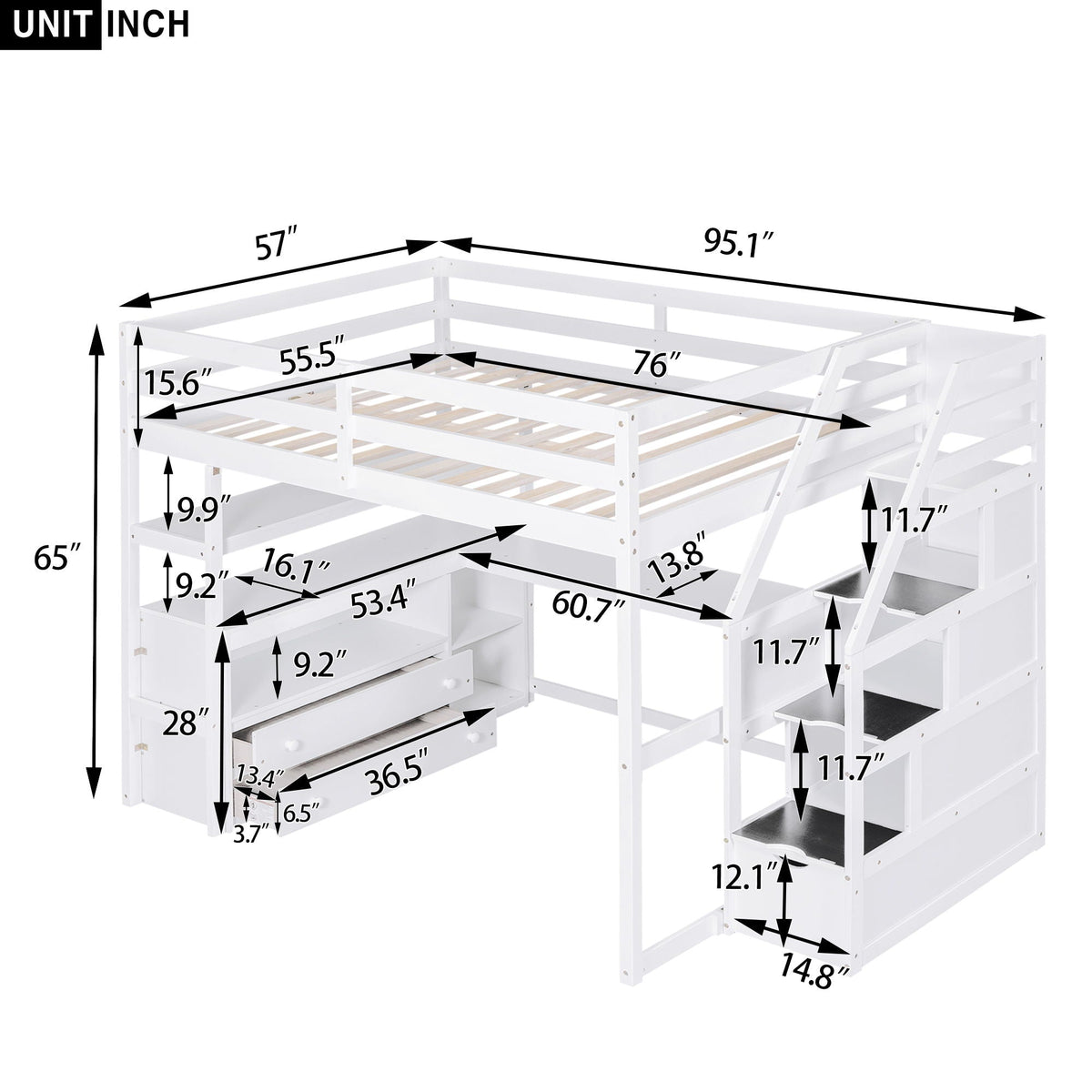 Loft Bed with Desk and Storage Staircase - Full or Twin, White or Gray