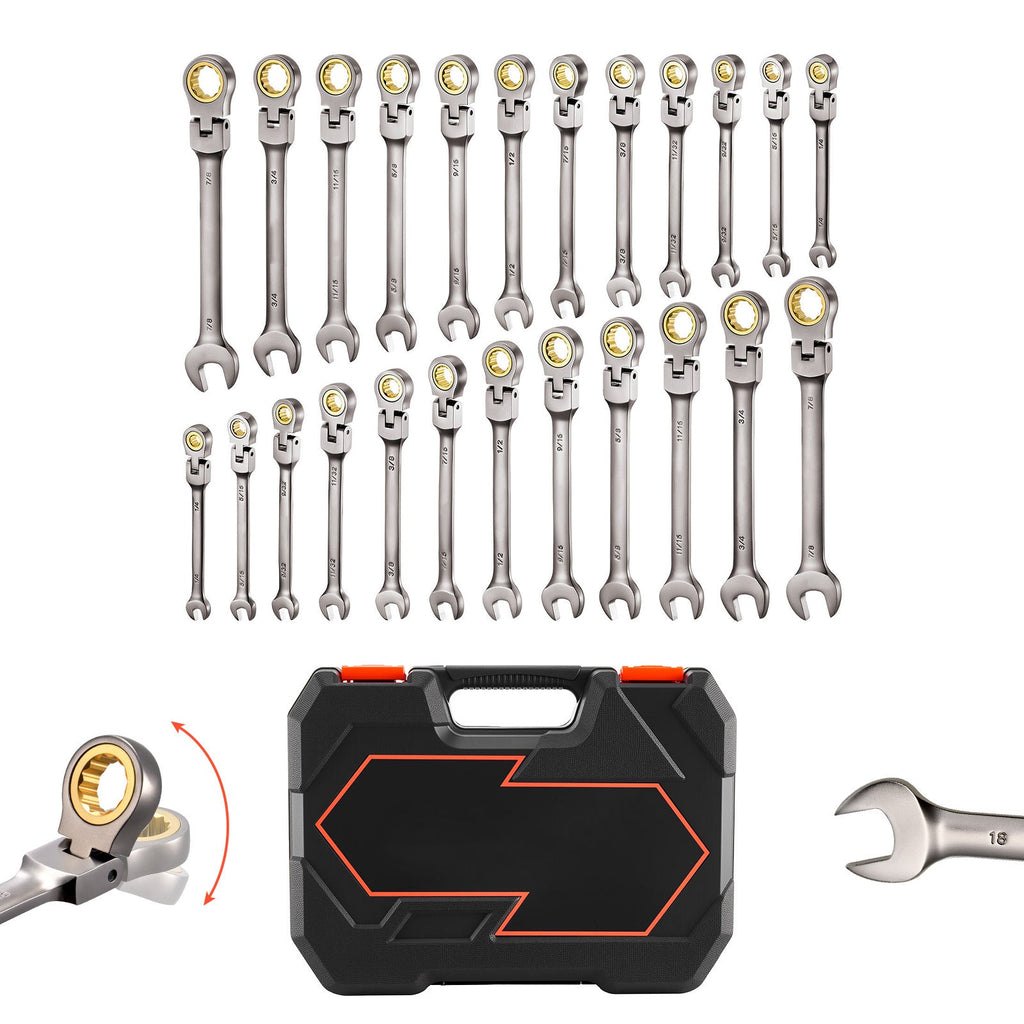 Flex-Head Ratcheting Wrench Set with Storage Case – 24-Piece SAE & Metric