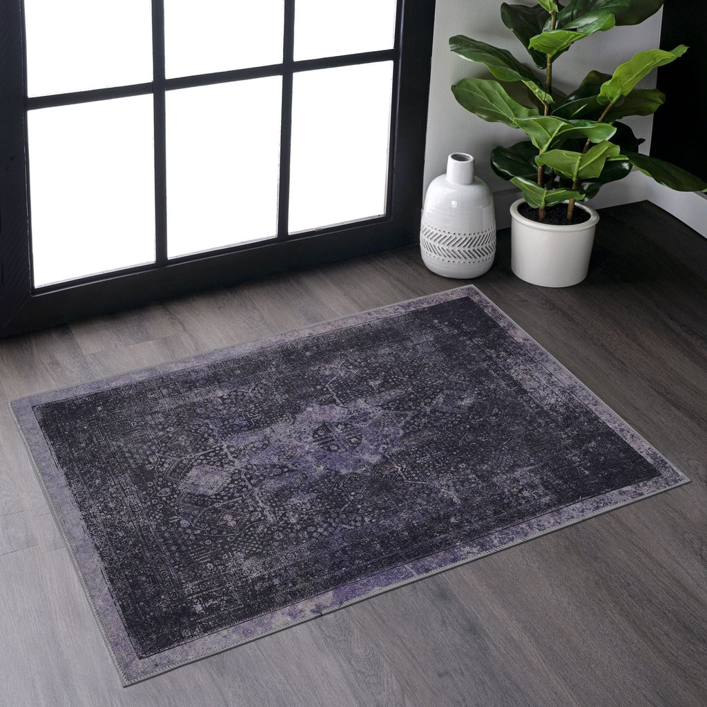 Maval Washable Area Rug with Low Pile - Dark Gray or Blue