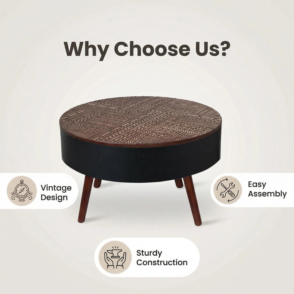 Round Coffee Table with Storage Function - Carved Wood Top - Dark Brown or Black