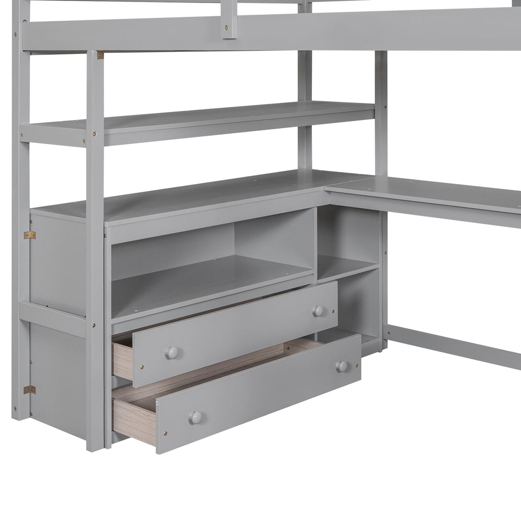 Loft Bed with Desk and Storage Staircase - Full or Twin, White or Gray