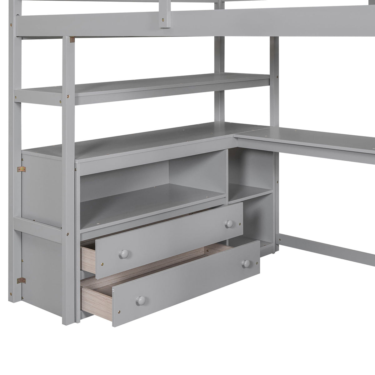Loft Bed with Desk and Storage Staircase - Full or Twin, White or Gray